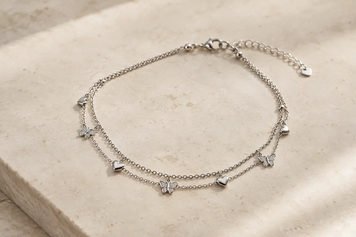 Bracelet de cheville argenté à double chaîne, orné de motifs de papillon et de cœur.