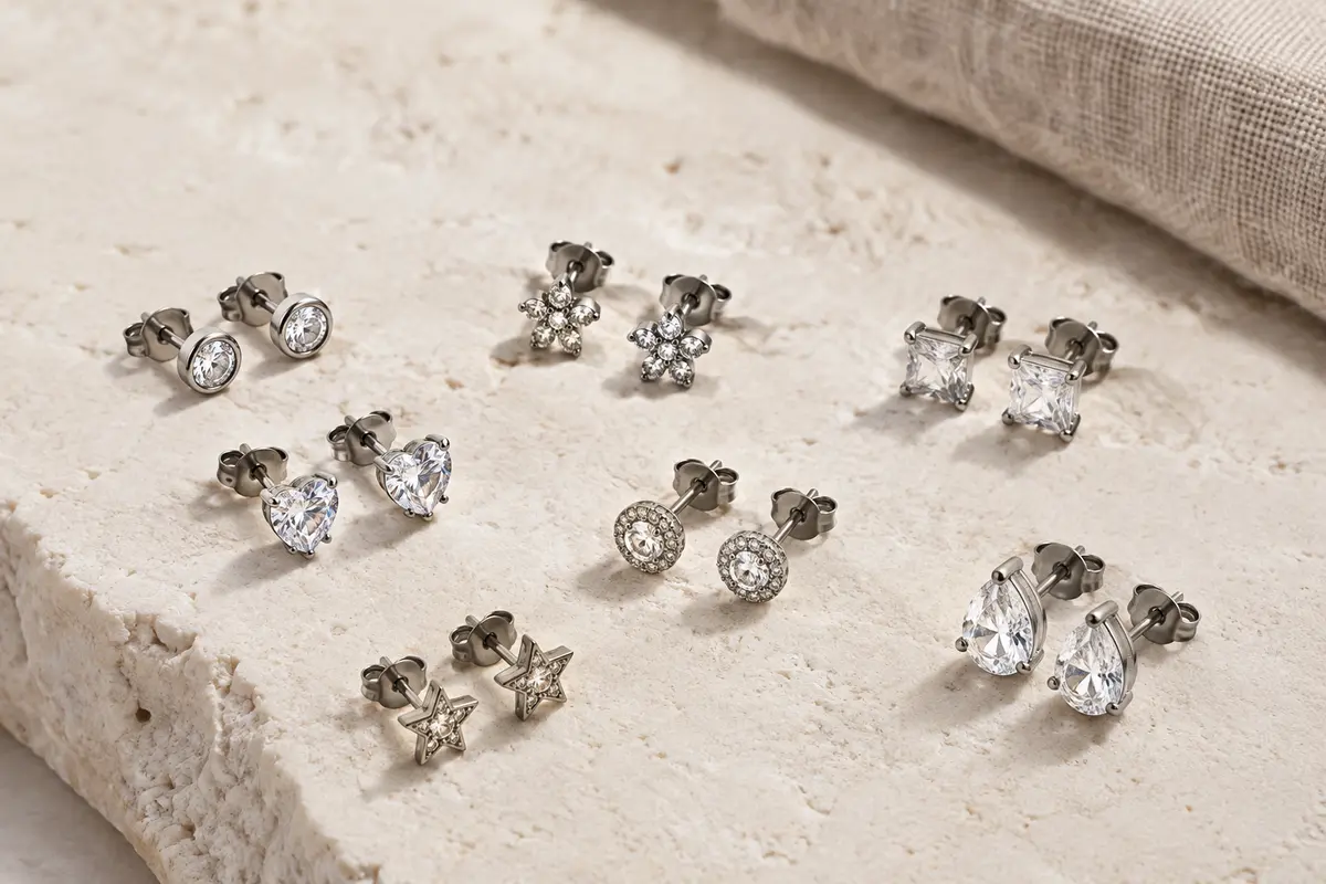 Sept paires de puces d’oreilles en acier inoxydable poli ornées de zircones, disposées sur une surface claire.