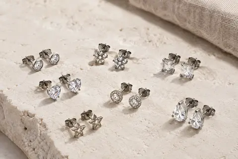 Sept paires de puces d’oreilles en acier inoxydable poli ornées de zircones, disposées sur une surface claire.
