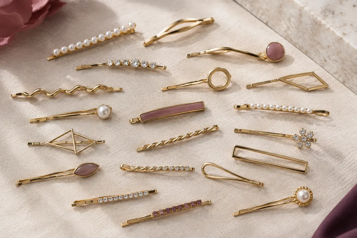 Assortiment d’épingles à cheveux dorées aux motifs géométriques disposées sur du lin clair