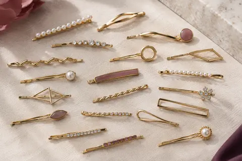 Assortiment d’épingles à cheveux dorées aux motifs géométriques disposées sur du lin clair