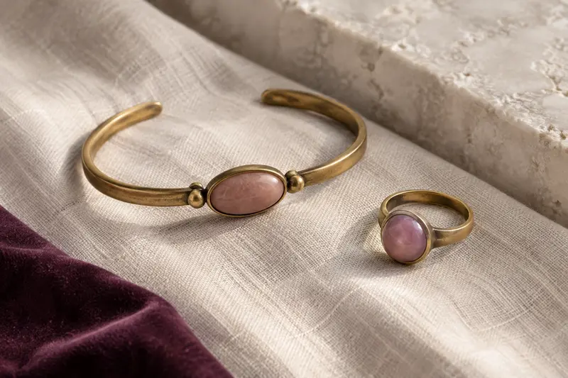 Bracelet et bague présentés sur du lin naturel avec une touche de velours prune