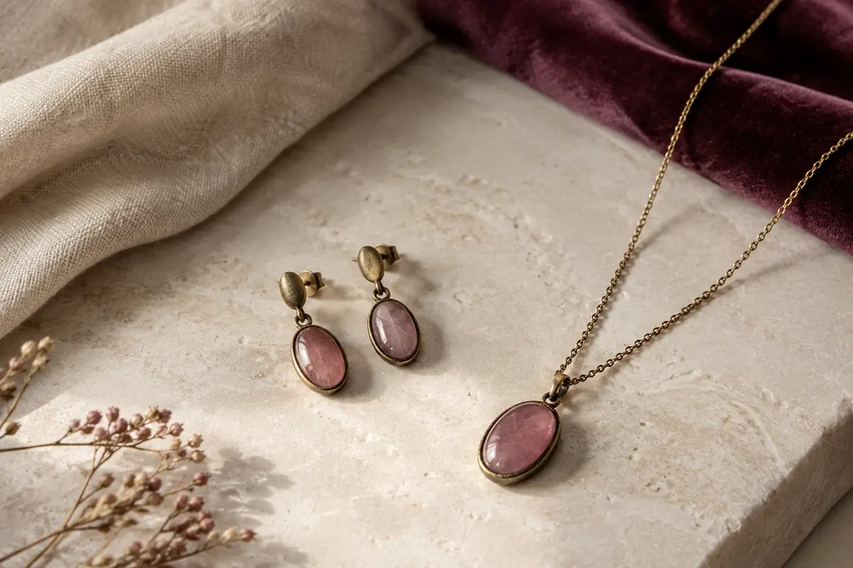 Boucles d’oreilles et collier disposés sur une surface claire avec lin naturel et velours prune